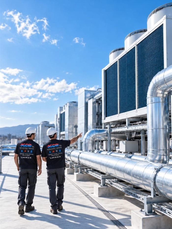 Dos técnicos de Instalaciones y Servicios JGDR S.L. revisando una instalación de enfriadoras en la cubierta de un edificio