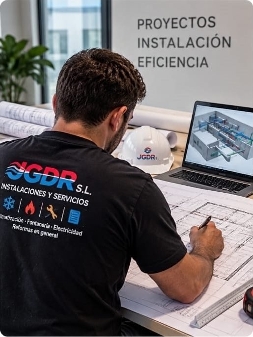 Técnico de JGDR S.L. desarrollando en la oficina técnica el proyecto de una instalación