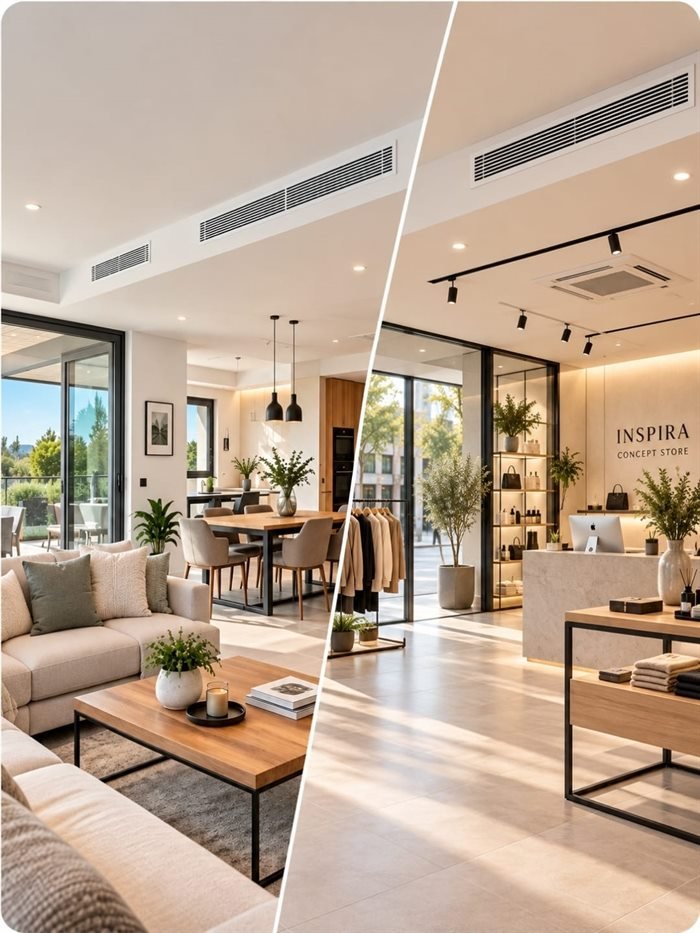 Conductos de climatización instalados en el salón de una vivienda y en un local comercial