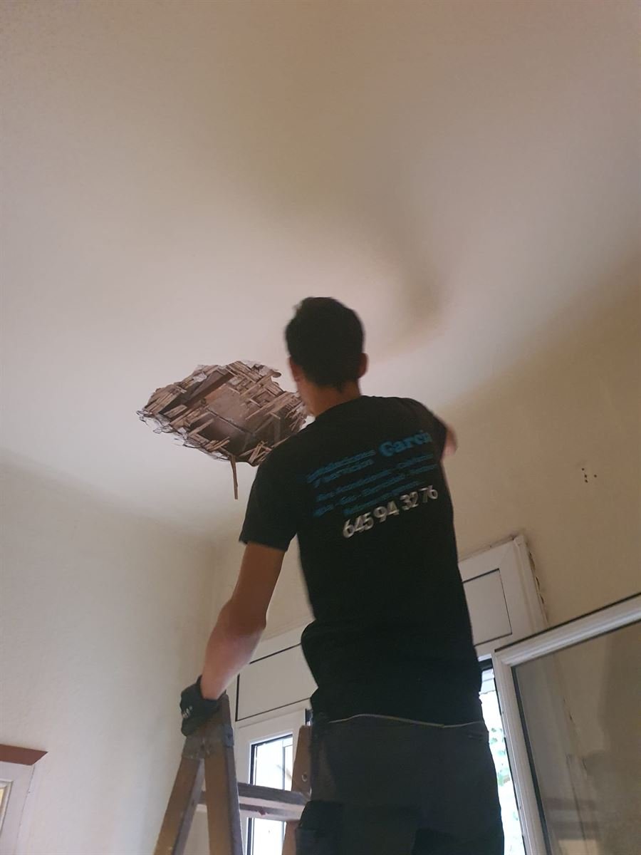 Técnico de Instalaciones y Servicios JGDR derribando el falso techo que tapaba la bóveda